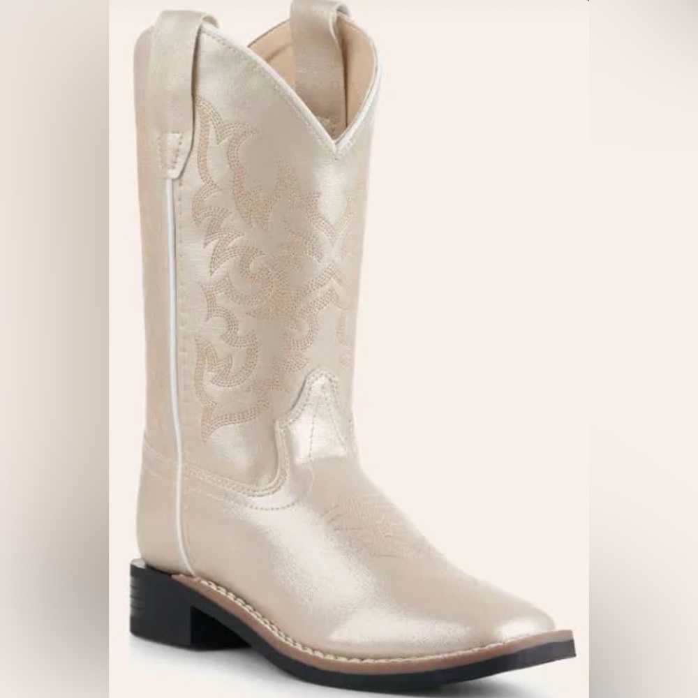 NWT Old West Girls Pearl Cream Faux Leather Wide Square Cowboy Boot